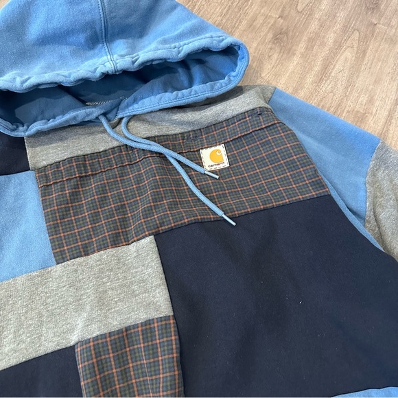 Carhartt Upcycled Handmade Patchwork Fall Flannel Blue Gray Relaxed Baggy Hoodie - Picture 3 of 4